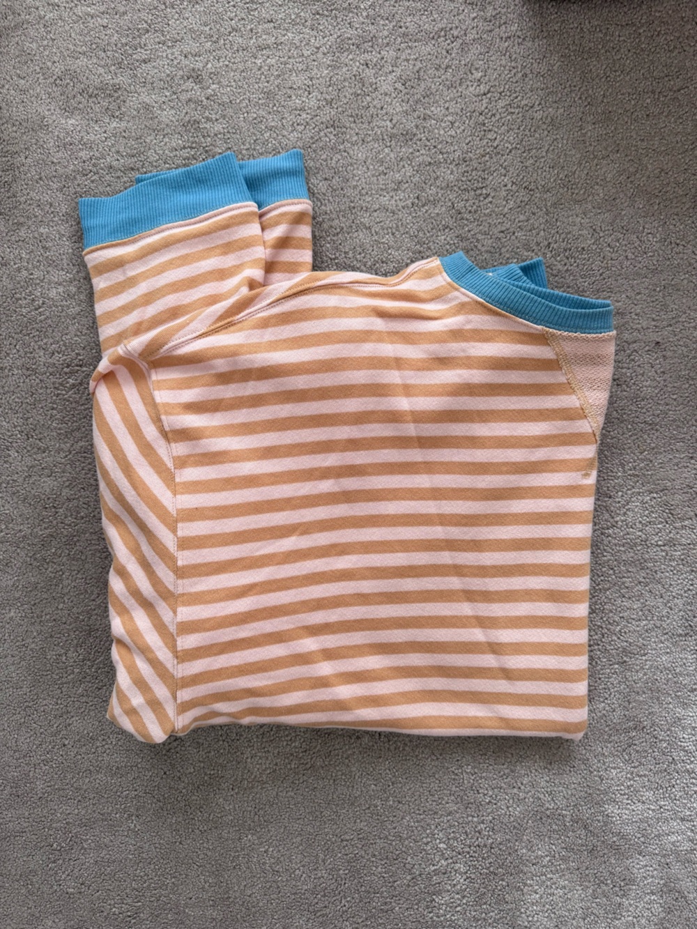 Striped Crewneck Sweater in Peach and Cream with Blue Trim